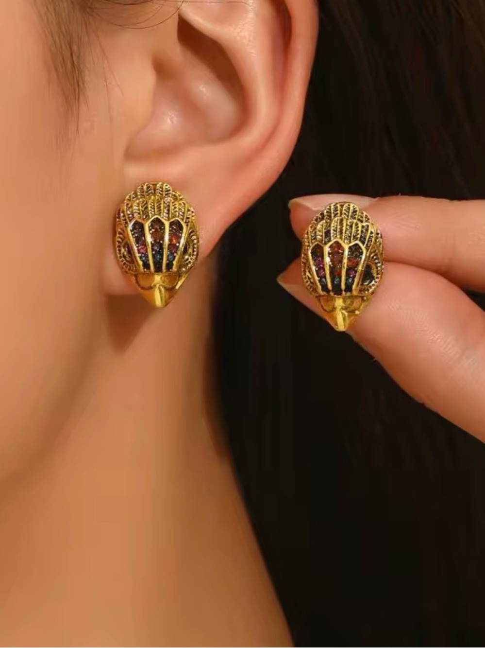 Gold Shell Stud Earrings with Multicolor Glitter